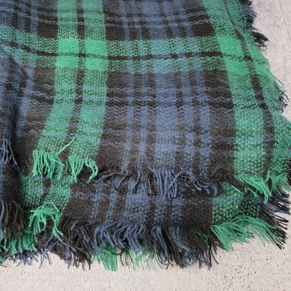Navy & Green Plaid Blanket Scarf with Fringe Oversized Cozy Comfy Casual